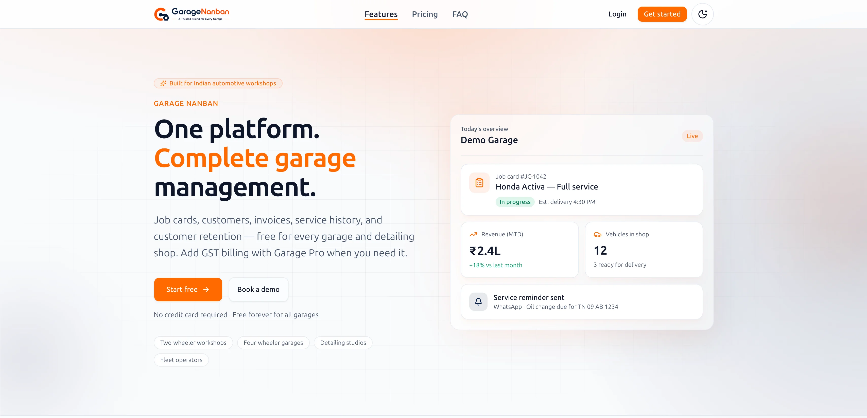 Garage Nanban dashboard and job card workflow