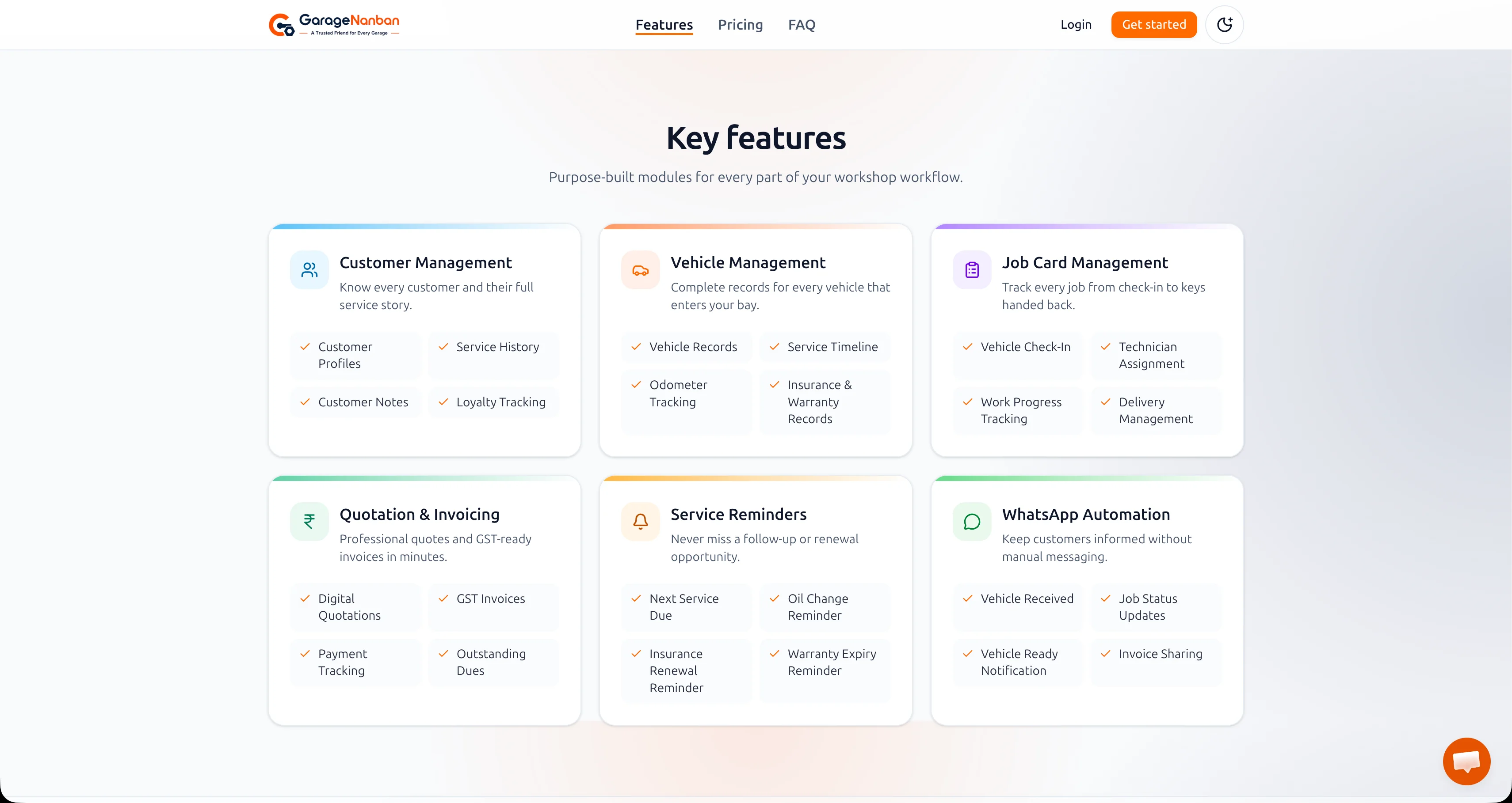 Garage Nanban features — customer, vehicle, job card, invoicing, reminders