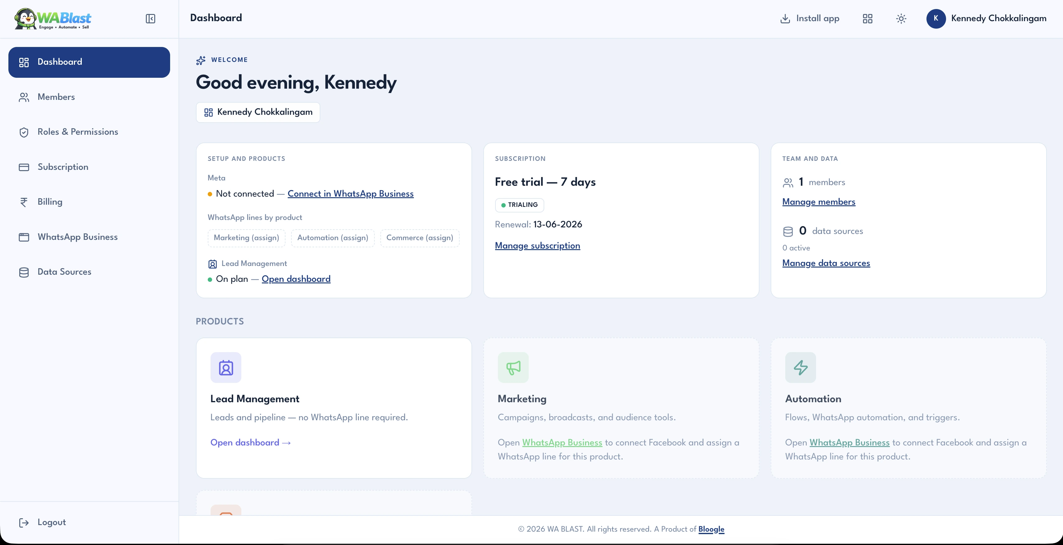WA Blast WhatsApp marketing and automation dashboard